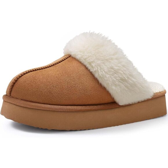 Women's Fuzzy Platform Slippers: Memory Foam Cozy House Shoes for Winter, Size 8 - Picture 1 of 7